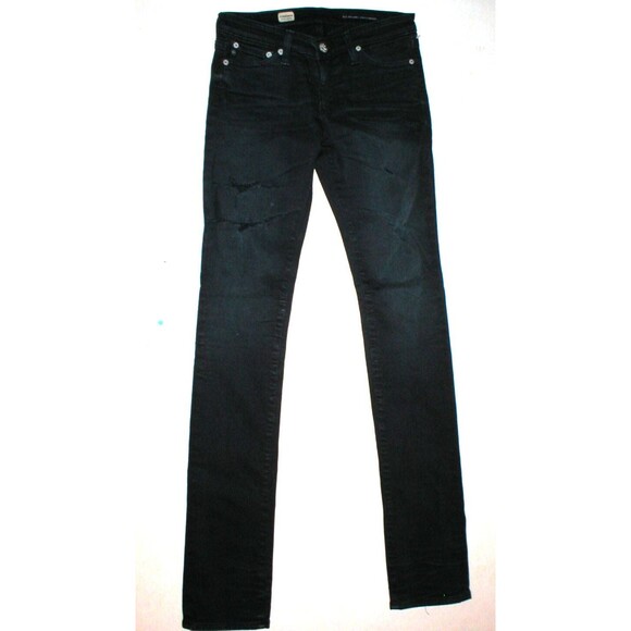 New $255 Womens Designer AG Jeans Premiere Skinny Straight Black 25 Slashed Dark - Picture 1 of 12
